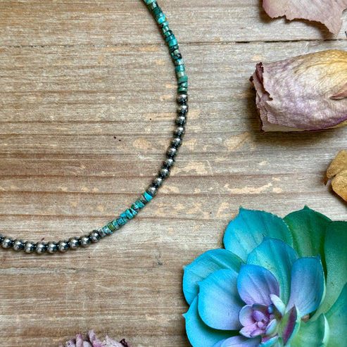 Heishi Turquoise Necklace & Sterling Silver Pearls (15")