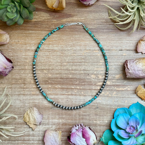 Heishi Turquoise Necklace & Sterling Silver Pearls (15")