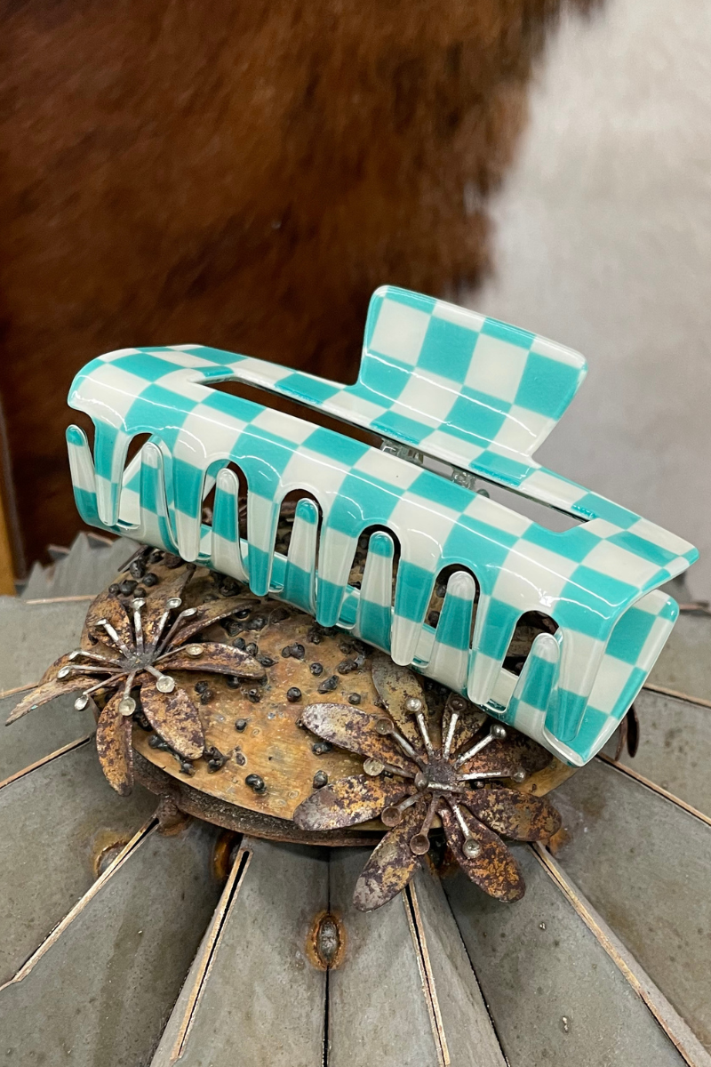 Checked Funky Hair Clip- Turquoise