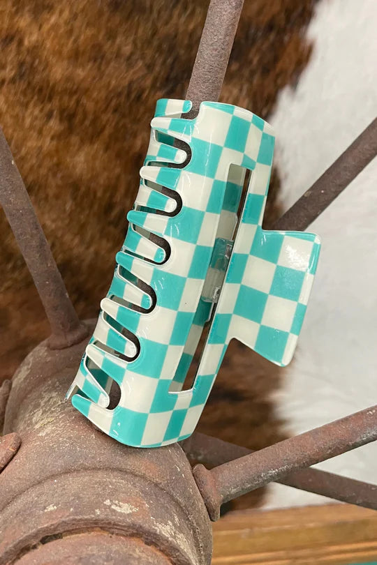 Checked Funky Hair Clip- Turquoise